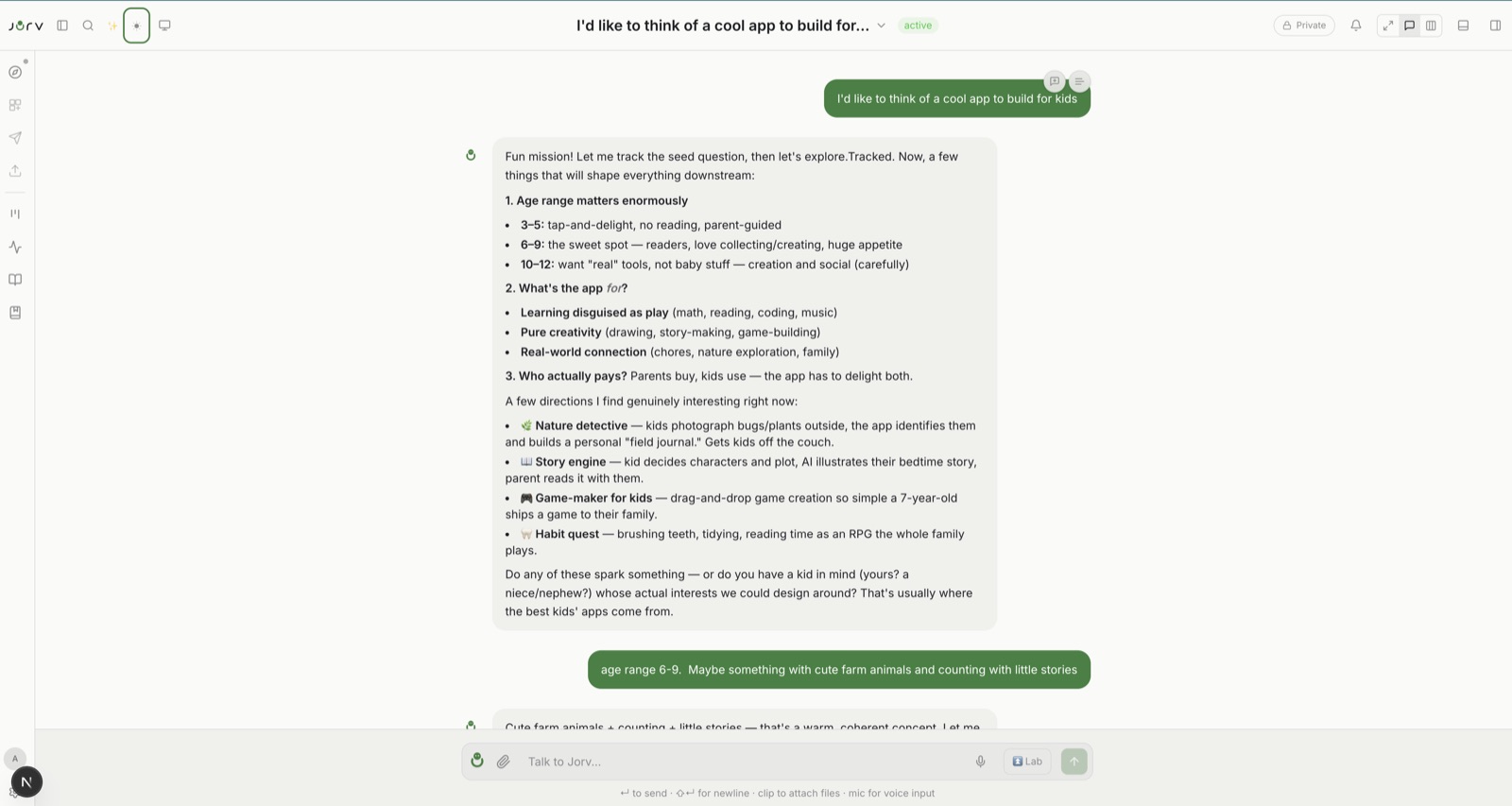 A conversation with Jorv: the user asks for a kids' app idea; Jorv answers with structured options, each reply signed with the Jorv mark.